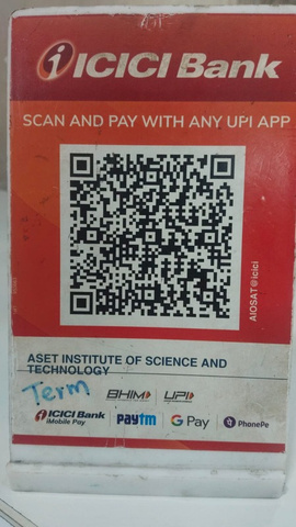 ICICI Bank UPI QR code: Scan and pay with any UPI app. ASET Institute of Science and Technology, UPI ID AIOSAT@icici.