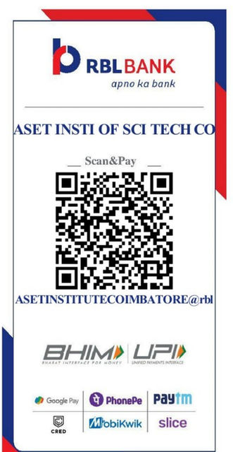 RBL Bank UPI QR code: Scan & Pay, ASET Insti of Sci Tech Co, UPI ID ASETINSTITUTECOIMBATORE@rbl.